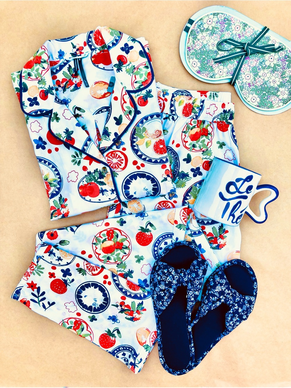 Anthro Bundle ❉ Cloud Flannel Pajama Set Sleep Eye Mask Slippers HBS Coffee Mug